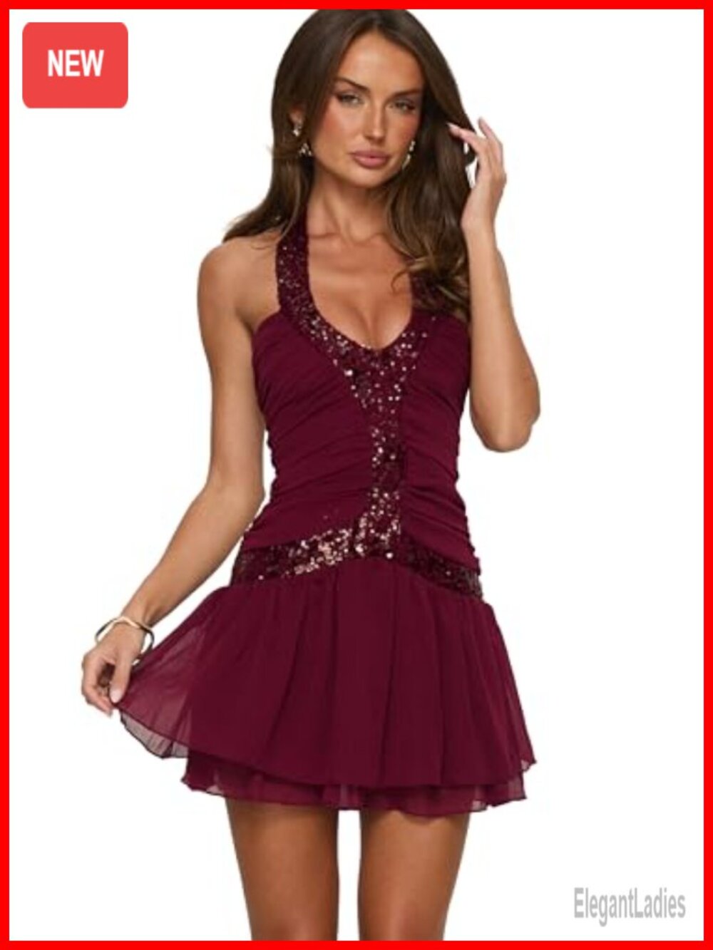 Sequin Halter Mini Dress Sleeveless Fit & Flare Party Pleated Hem